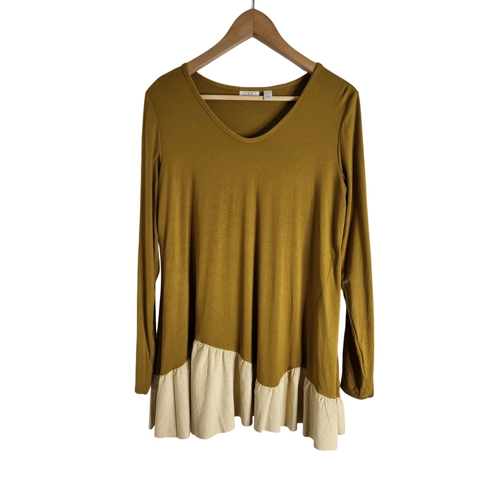 LOGO Lori Goldstein Mustard Yellow V-Neck Tunic Top Faux Suede Ruffle Hem Medium